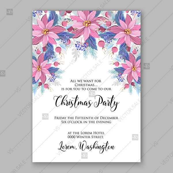Wedding - Christmas party invitation floral background Gorgeous Pink red Poinsettia fir Whortleberry floral wreath
