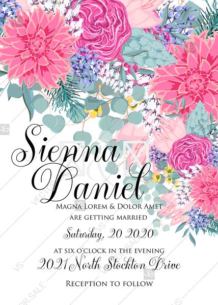 Hochzeit - Wedding invitation set watercolor pink peony rose chrysanthemum dahlia PDF 5x7 in invitation maker