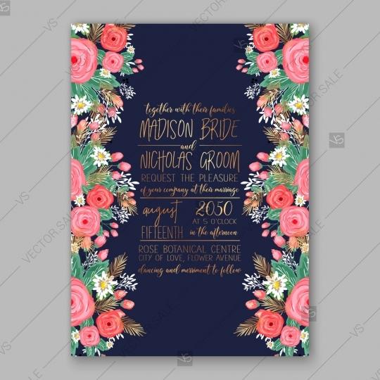 Свадьба - Pink rose, peony wedding invitation card dark blue background floral design thank you card thank you card