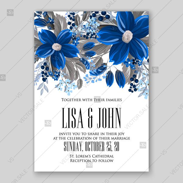 Wedding - Wedding invitation with blue cobalt anemone floral bridal bouquet currant forget-me-not rustic wildflowers