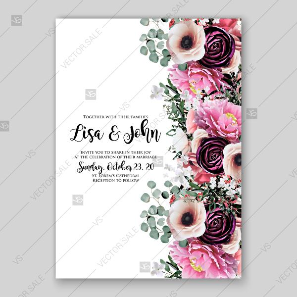 Wedding - Burgundy Plum Floral Watercolor Wedding Invitations Peony anemone ranunculus eucalyptus baby shower invitation