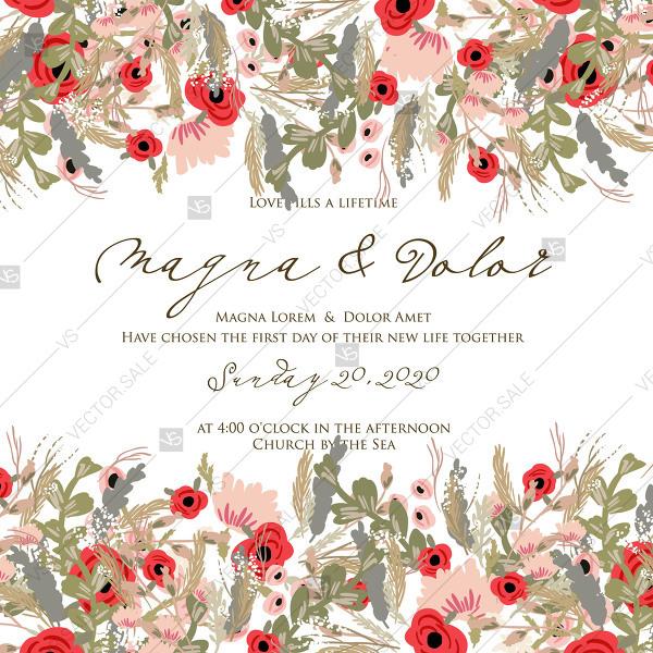 Hochzeit - Wedding card or invitation with poppy rose peony floral background modern floral design