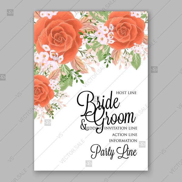 Hochzeit - Wedding invitation card template peach golden orange rose greenery spring