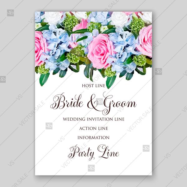 Свадьба - Pink rose watercolor blue hydrangea wedding invitation vector card