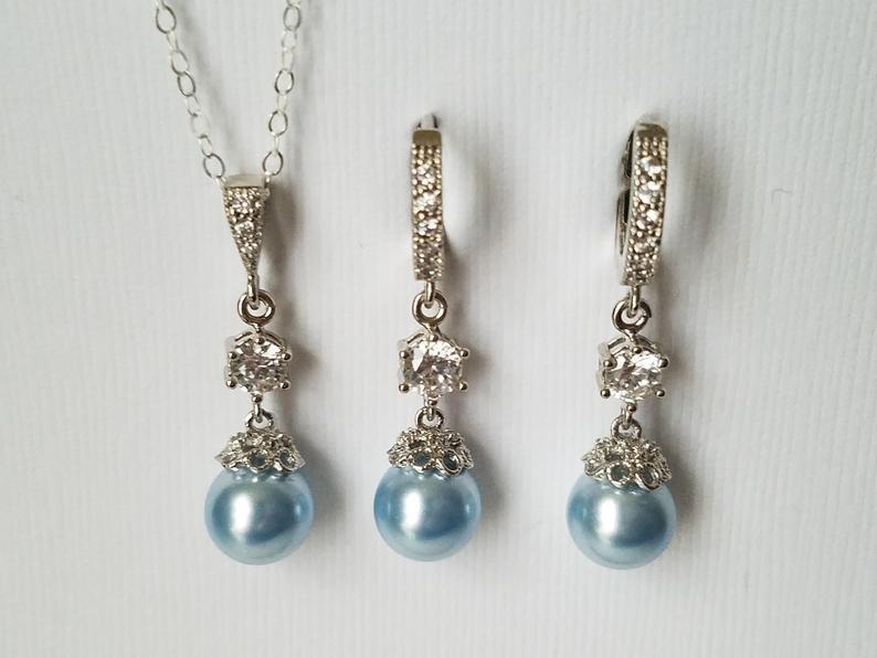 زفاف - Blue Pearl Bridal Jewelry Set, Wedding Blue Silver Set, Swarovski Light Blue Earrings&Necklace Set, Wedding Blue Jewelry, Bridal Party Gift