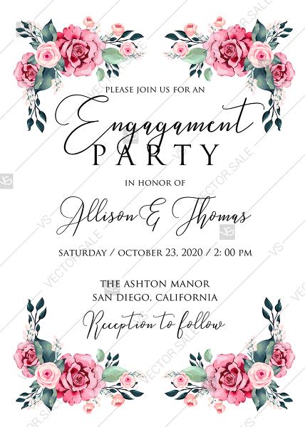 Wedding - Engagement invitation watercolor rose floral greenery 5x7 in PDF custom online editor thank you card