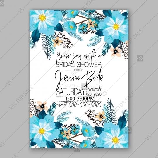 Wedding - Blue Anemone Peony floral vector Wedding Invitation Card printable template vector download