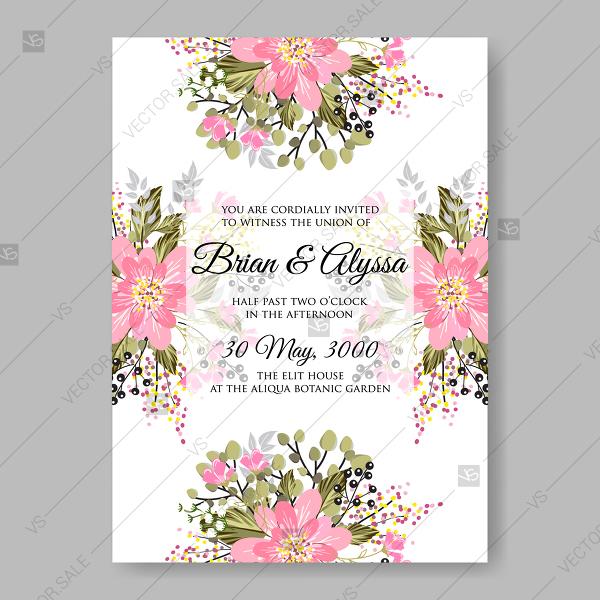 Mariage - Sakura pink cherry blossom flowers japan wedding invitation vector template botanical illustration