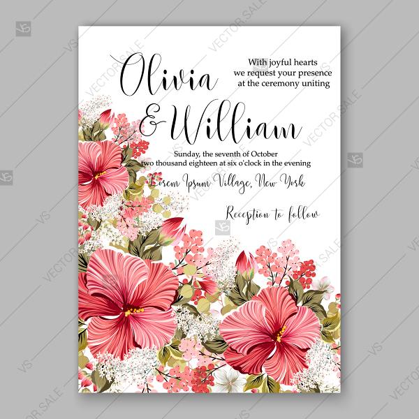 Wedding - Hawaii summer tropical wedding invitation pink red hibiscus white lilac floral illustration floral illustration