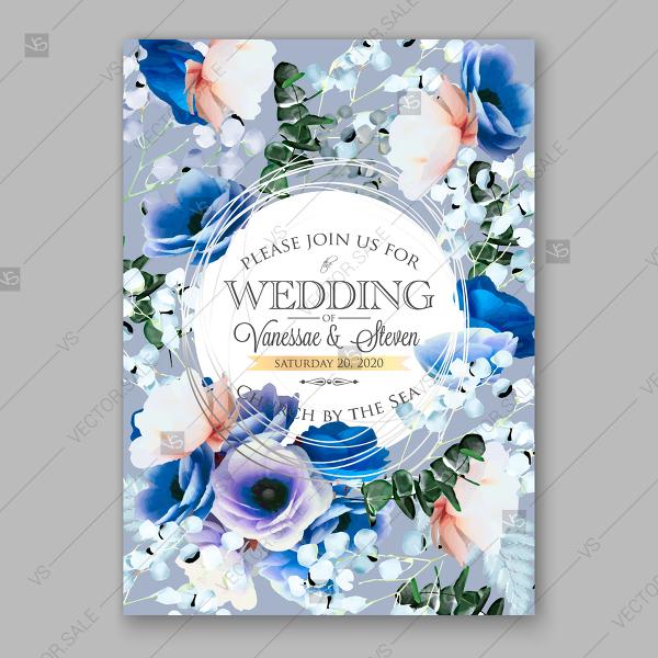 Wedding - Blue peony, magent ranunculus, cream anemone rose, eucalyptus floral wedding invitation vector card template thank you card