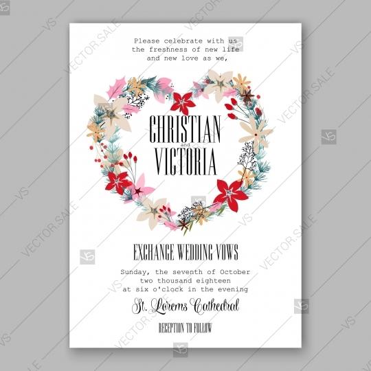 Wedding - Poinsettia Wedding Invitation card winter floral wreath Christmas Party invite marriage invitation