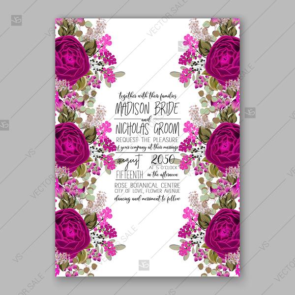 Hochzeit - Violet purple rose ranunculus peony wedding invitation vector floral background custom invitation
