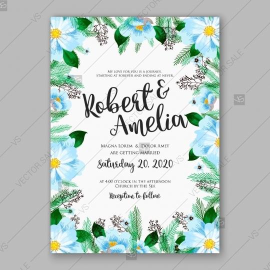زفاف - blue Peony wedding invitation fir branch sakura anemone vector floral template design spring