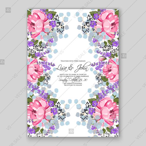 Свадьба - Pink Peony provanse violet lilac lavender eucalyptus spring wedding invitation vector custom invitation