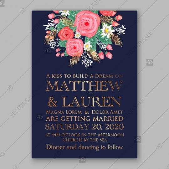 Mariage - Pink rose, peony wedding invitation card dark blue background winter