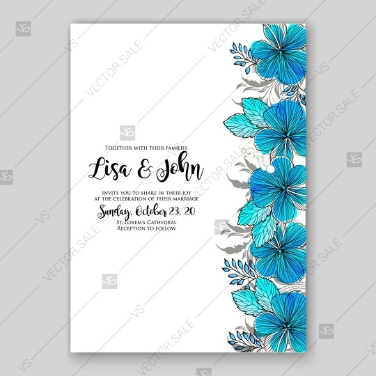 Mariage - Beautiful wedding invitation template with tropical vector blue flower of hibiscus