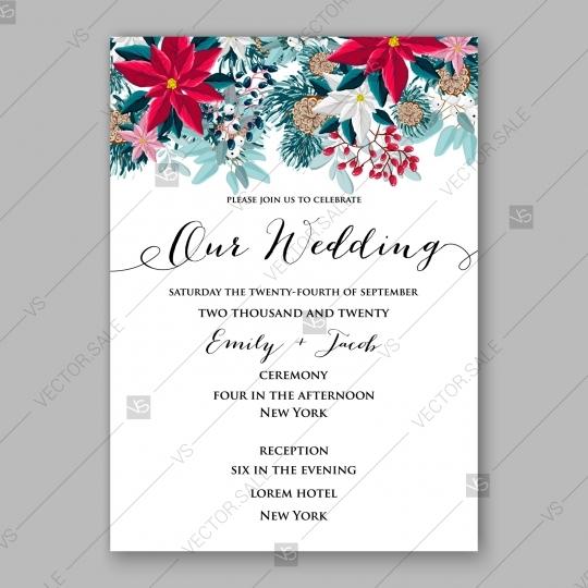 Wedding - Winter wedding invitation Christmas poinsettia fir vector invitation