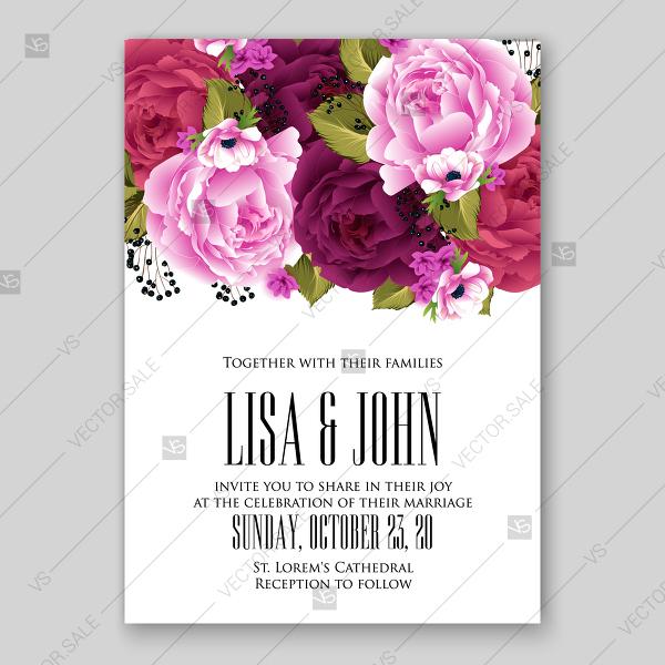 Hochzeit - Pink red maroon Peony wedding invitation floral spring vector illystration background