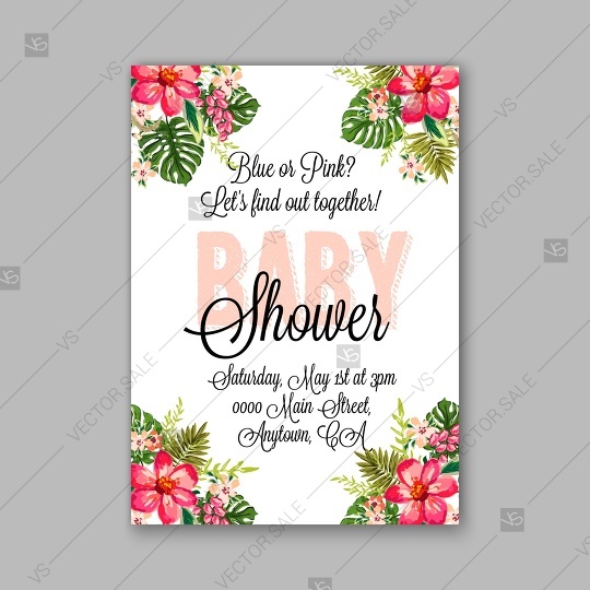 Свадьба - Baby shower invitation template with tropical flowers of hibiscus, palm leaves