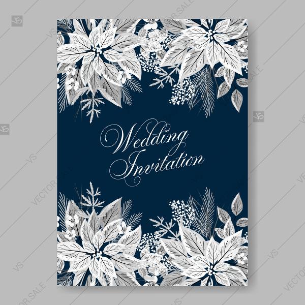 Свадьба - White poinsettia fir pine wreath on blue background wedding invitation template thank you card