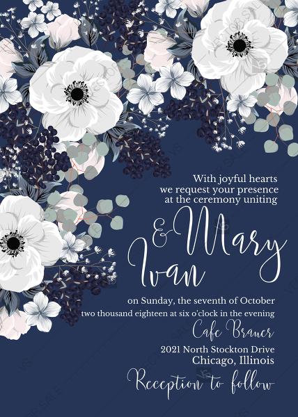 Hochzeit - Wedding invitation set white anemone flower card template on navy blue background PDF 5x7 in invitation maker