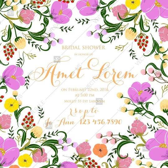 Wedding - Peony wedding invitation printable template with floral wreath or bouquet of rose flower and daisy