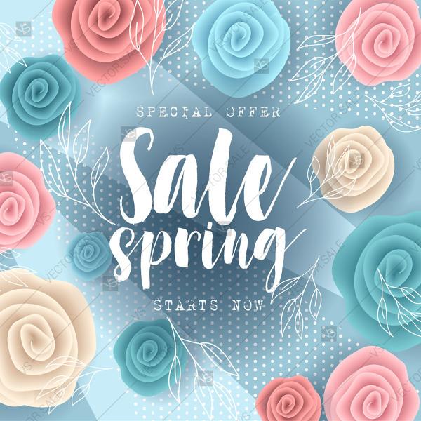 Hochzeit - Spring sale banner design vector illustration blue pink roses paper origami flowers invitation template