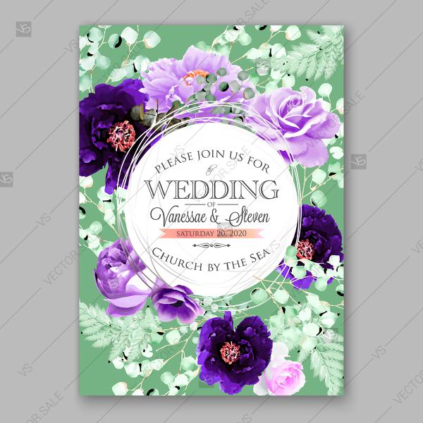 Hochzeit - Violet peony, purple ranunculus, anemone rose fern eucalyptus floral wedding invitation vector card template beautiful bouquet