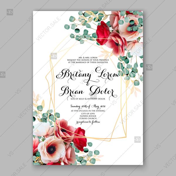 Hochzeit - Red pink anemone eucalyptus Wedding invitation vector template watercolor peony rose flowers party