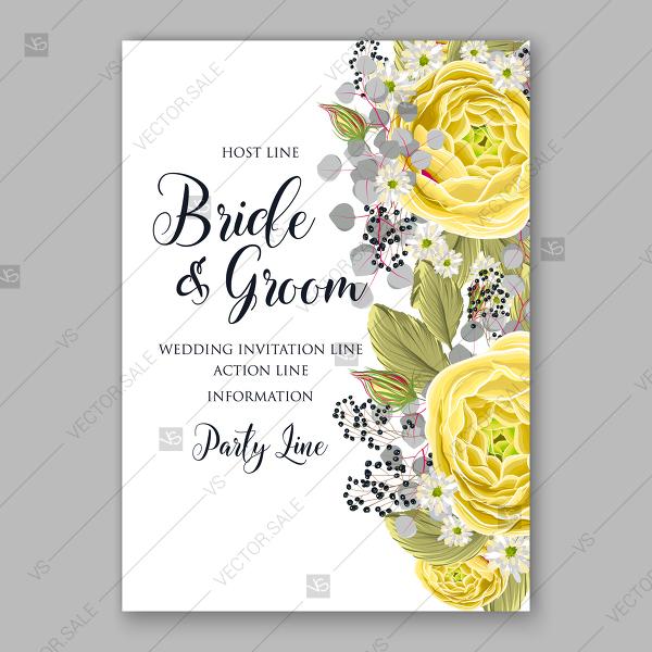 Hochzeit - Yellow ranunculus peony eucalyptus floral wedding invitation floral watercolor