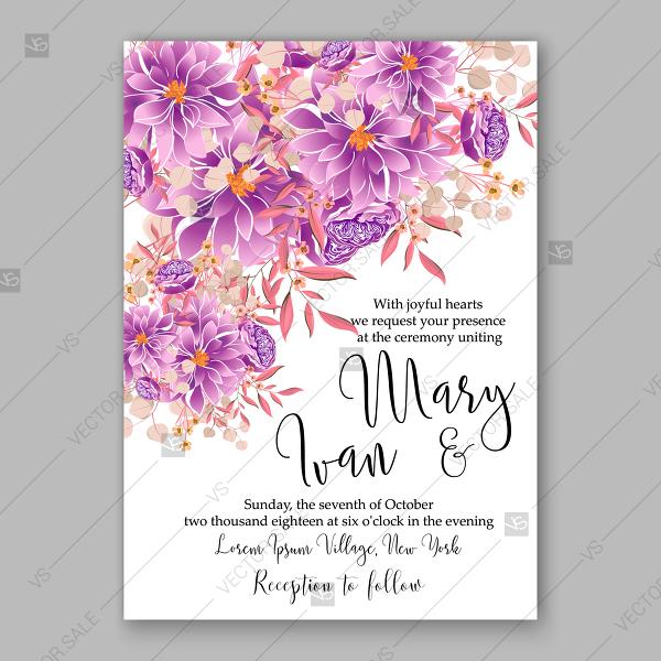 Hochzeit - Violet Chrysanthemum peony dahlia Greeting card with flowers, watercolor invitation card for wedding floral background