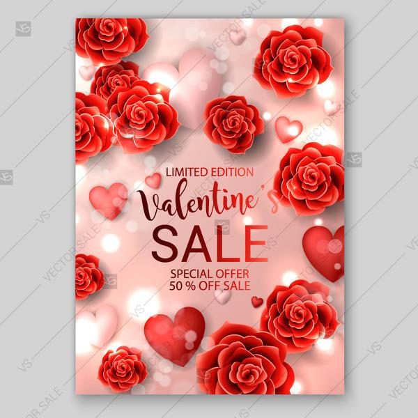 Hochzeit - Valentine's day card Sales poster banner red paper rose and soft hearts