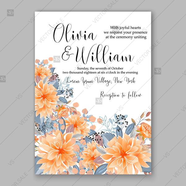 زفاف - Peach orange chrysanthemum asters peony sunflower autumn wedding invitation vector template autumn