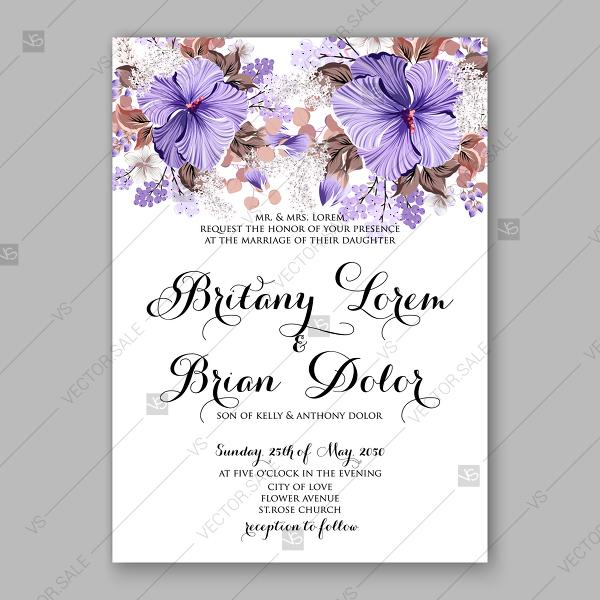 Свадьба - Violet Hibiscus wedding invitation vector tropical flower template aloha luau