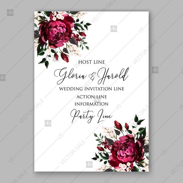 Mariage - Burgundy Dark red Peony wedding invitation watercolor vector template valentines day