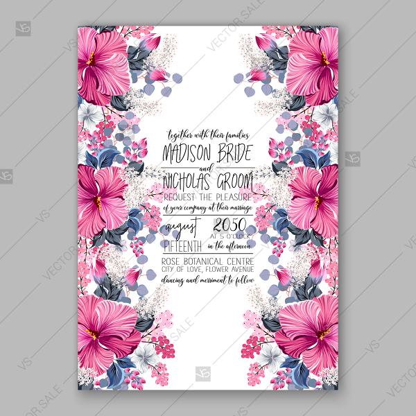 Mariage - Tropical pink hibiscus lilac wedding invitation vector card template custom invitation