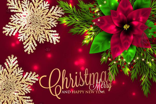 زفاف - Merry Christmas Party Invitation with gold snowflake and lights confetti engagement