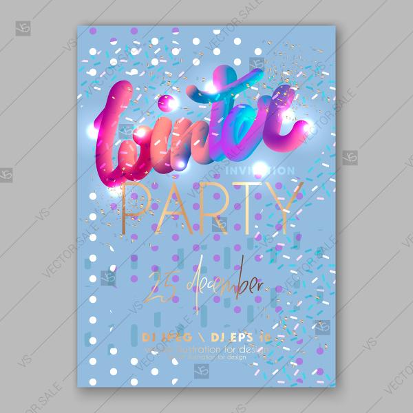 Wedding - Christmas party invitation vector lettering bright sparkles, confetti and bokeh snowflake
