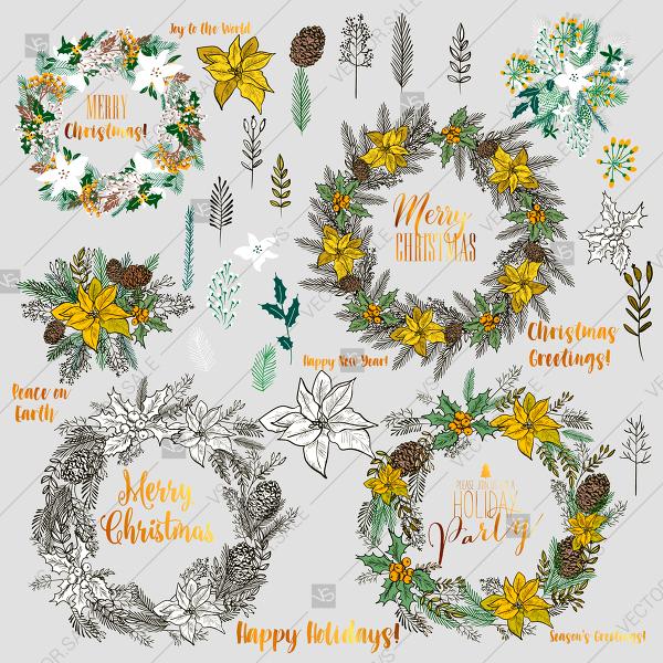 Mariage - Christmas holiday vector clipart floral elements poinsettia fir pine branch cone berry thank you card