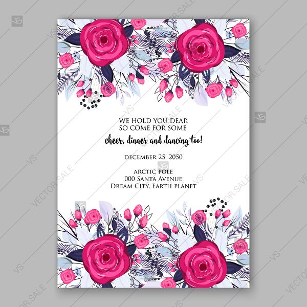 Wedding - Merry Christmas Party invitation pink magenta rose blue needle greenery fir vector template thank you card