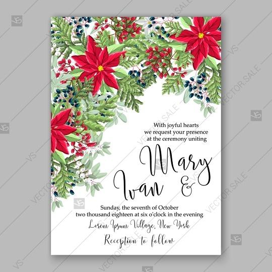 زفاف - Poinsettia wedding invitation red floral wreath vector card template