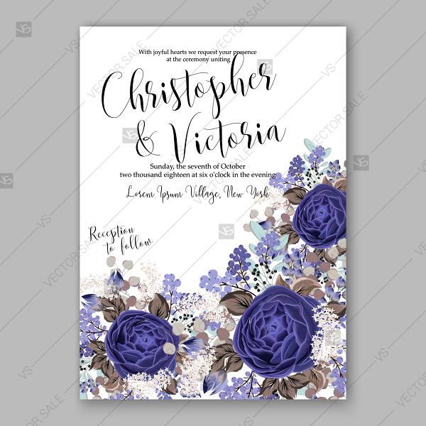 Hochzeit - Navy blue rose ranunculus peony wedding invitation vector floral background winter