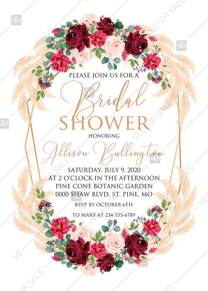 زفاف - Bridal shower invitation Marsala peony rose pampas grass pdf custom online editor 5x7