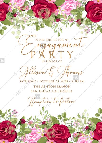 Mariage - Engagement party wedding invitation set red pink rose greenery wreath card template PDF 5x7 in customize online