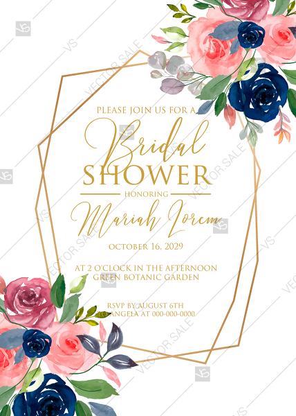 Wedding - Bridal shower wedding invitation set watercolor navy blue rose marsala peony pink anemone greenery PDF 5x7 in invitation editor