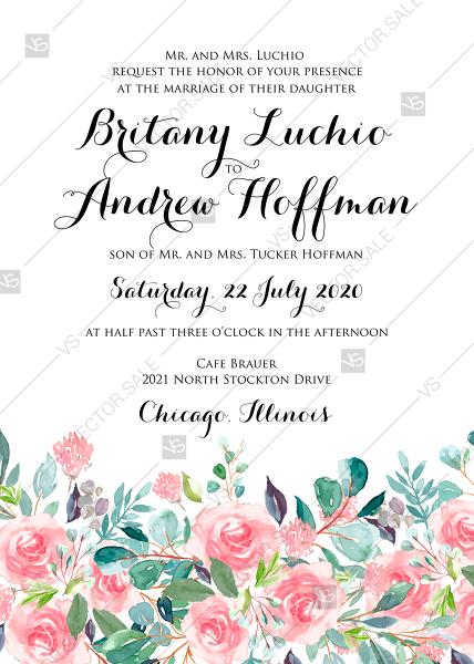 زفاف - Wedding invitation set watercolor blush pink rose greenery card template PDF 5x7 in invitation editor
