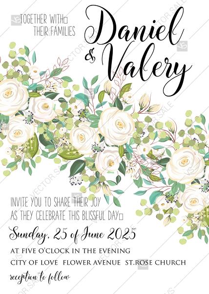 زفاف - Wedding invitation set white rose peony wreath card herbal greenery PDF 5x7 in instant maker