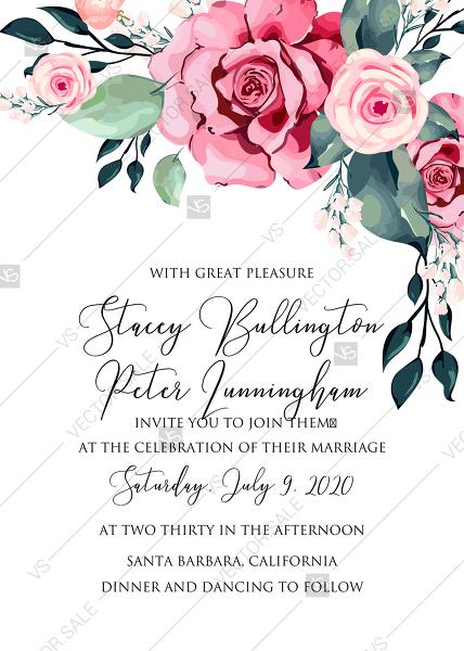 Свадьба - Wedding invitation watercolor rose floral greenery PDF 5x7 in custom online editor invitation template