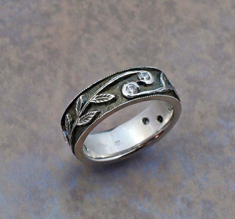 Hochzeit - SCROLLING VINE Wedding Band In Sterling Silver, Setting Six White Sapphires