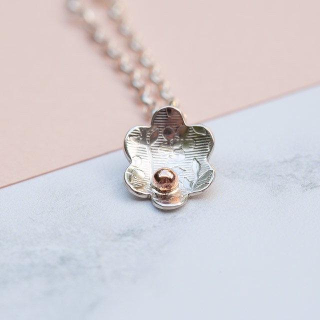 Wedding - Silver and Rose Gold Necklace For Women - Silver Flower Pendant  Necklace - Valentines Gift for wife - 9ct Rose Gold and Sterling Silver